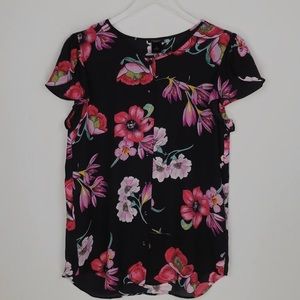 Ann Taylor Black Floral Cap Sleeve Blouse